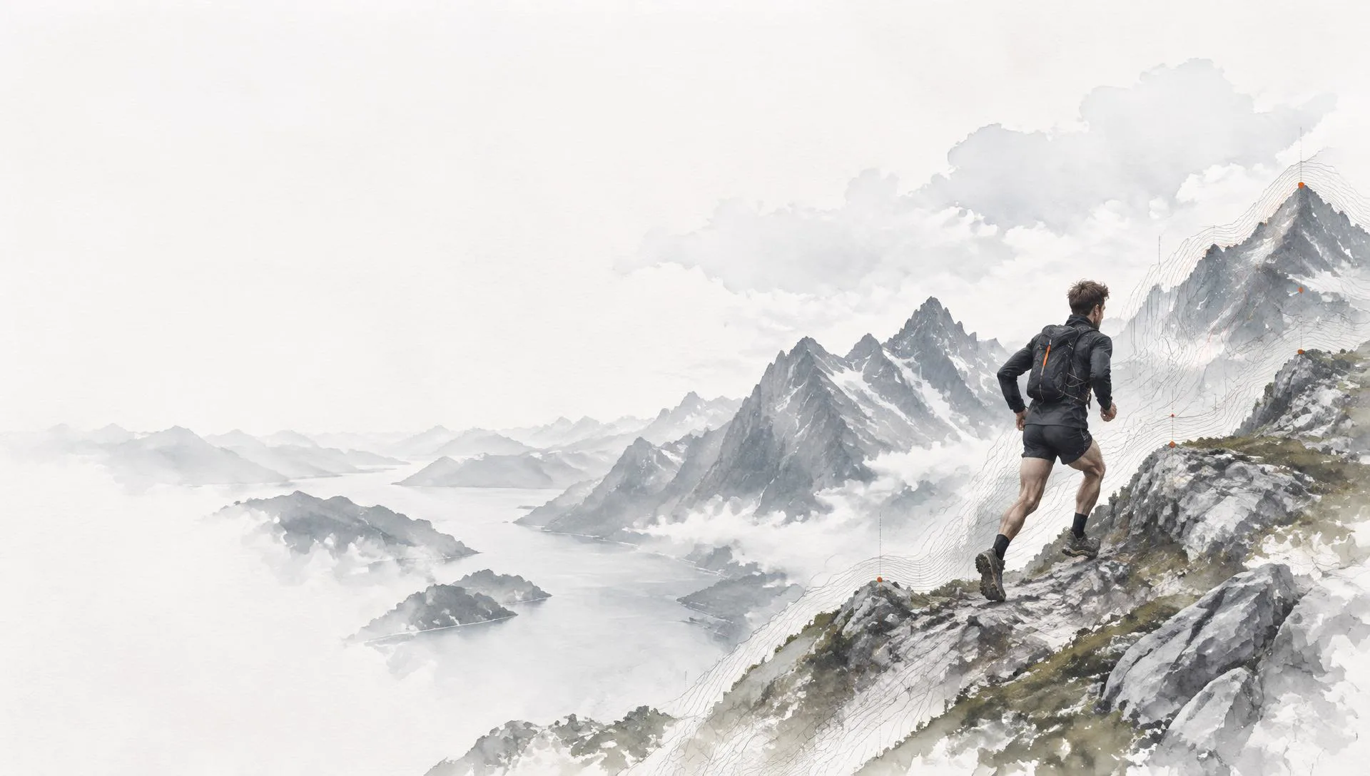 A watercolour ultrarunner climbing a technical Nordic ridge